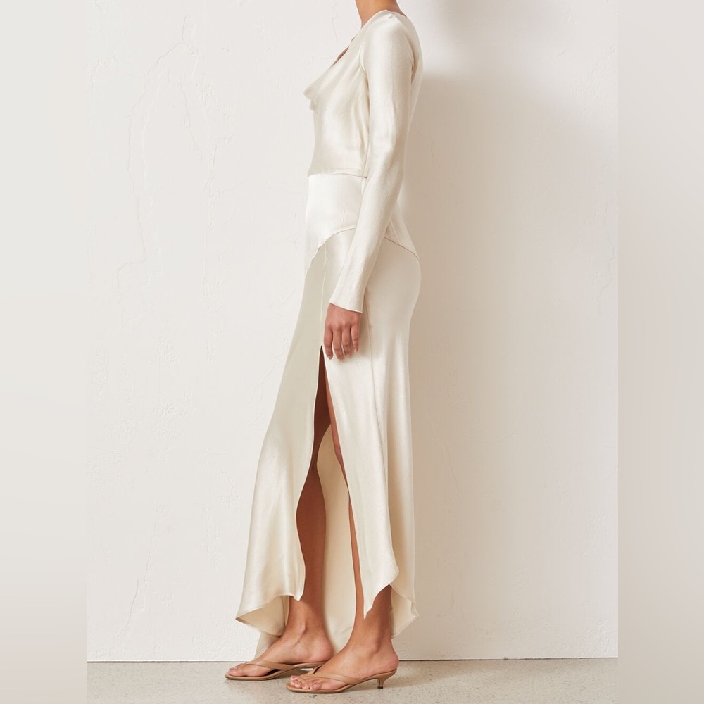 Bec & Bridge Ivory Satin Long Sleeve Maxi Dress with Thigh Slit - Picture 2 of 6
